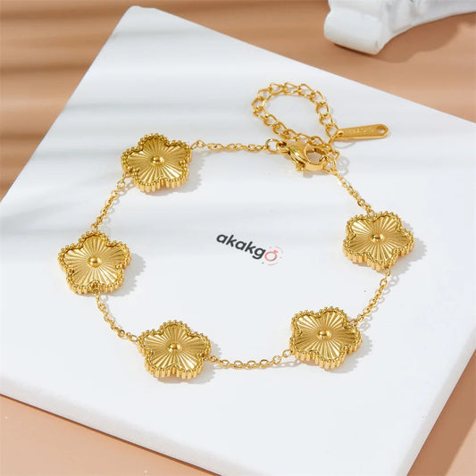 akakgo Stainless Steel Five Leaf Flower Luxury Bracelet for Women Gold Color Charm Bracelets Jewellery Clover Fashion Jewelry Gifts