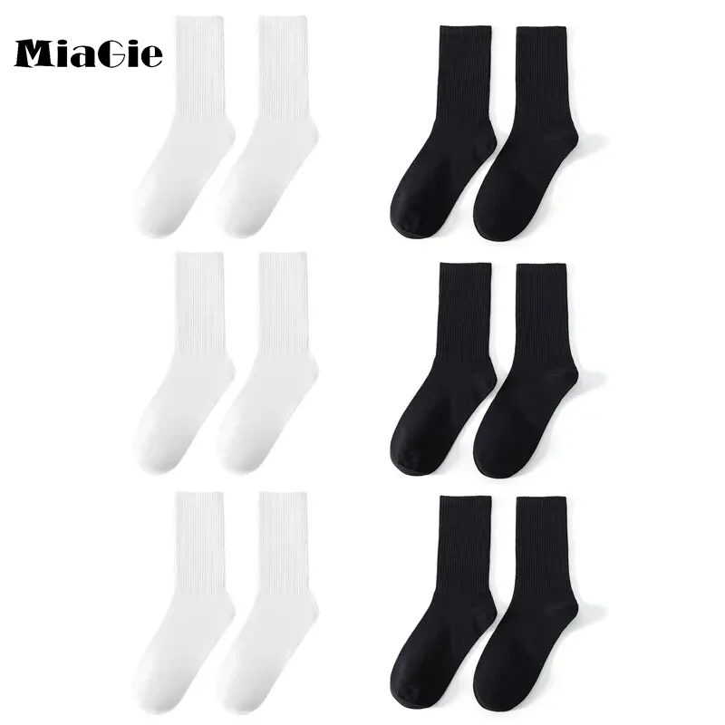 MiaGie 6 Pairs Middle Tube Socks For Men Solid Colour In White and Black Fashion Breathable and Casual Socks