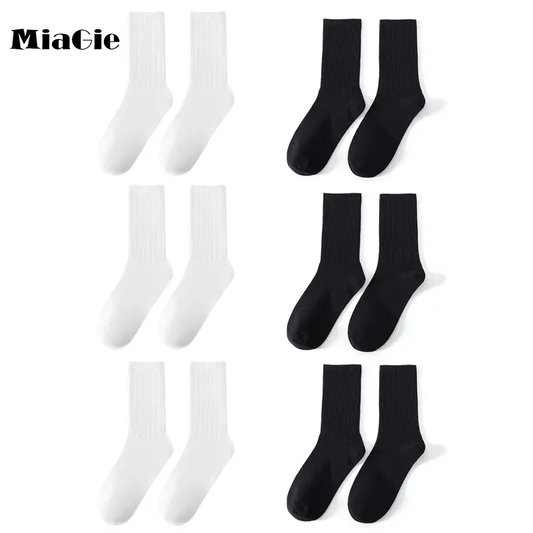 MiaGie 6 Pairs Middle Tube Socks For Men Solid Colour In White and Black Fashion Breathable and Casual Socks