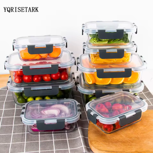 YQRISETARK 8-Piece Glass Food Storage Containers Set for kitchen use BPA-Free Leakproof Microwave & Oven Safe 6 Sizes Borosilicate Glass Lock Lid