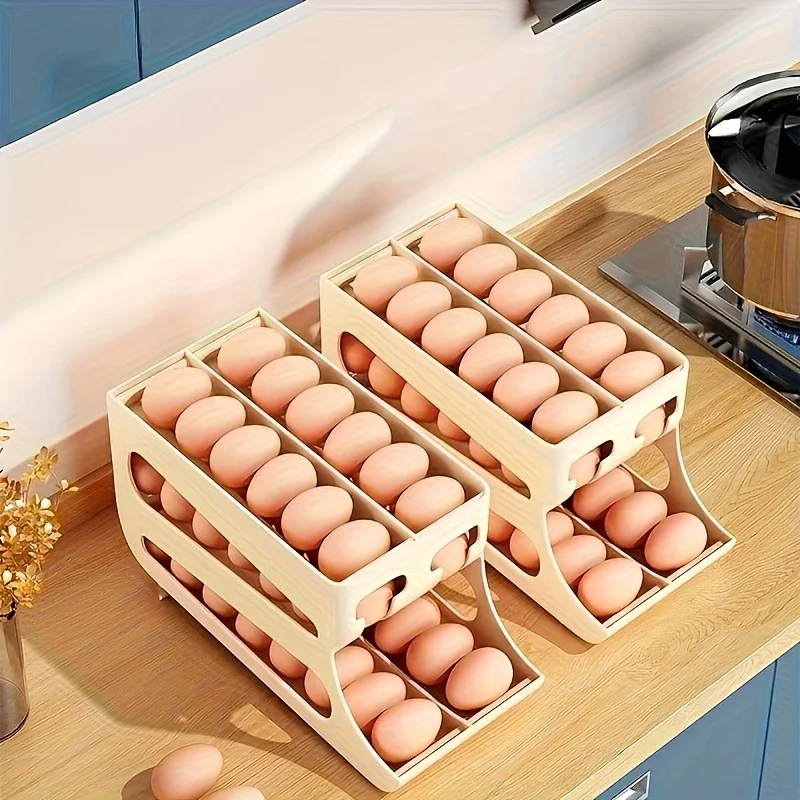 ZFPRIMELSQ 3-Tier Yellow Egg Organizer Holds 60 Eggs Auto-Roll Design Space-Saving