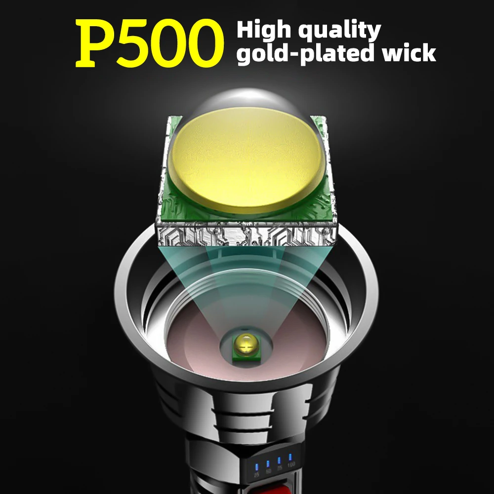 SICCOO High Strong Power Led Flashlights USB 90000ml Emergency Built-in Battery Camping Torch