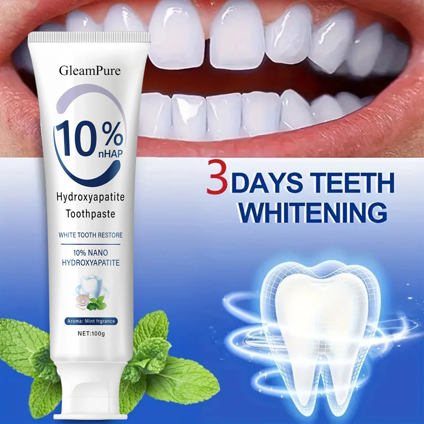GleamPure 10% Nano Hydroxyapatite Toothpaste Restores White Teeth Protects Gums Deep Cleans Brightens Smile 100g Fresh Mint