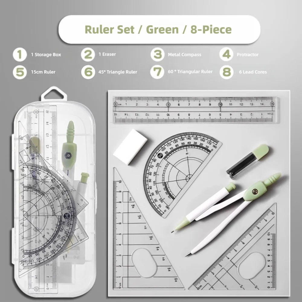 Janten 8PCS/Set Plastic Ruler Compasses Set Eraser Transparent Measuring Ruler Straight Ruler Set Square Protractor School