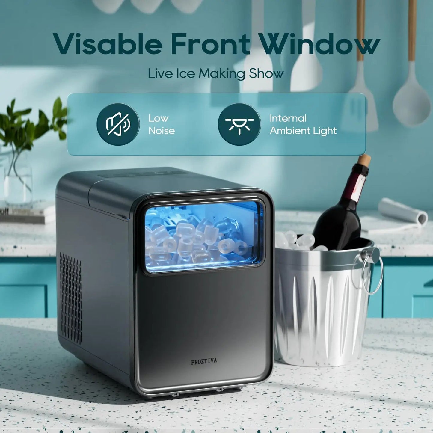 FROZTIVA  Ice Machine Smart Touch 9 Cubes in 6 Minutes Self-Cleaning Ice Cube Maker with Ice Scoop