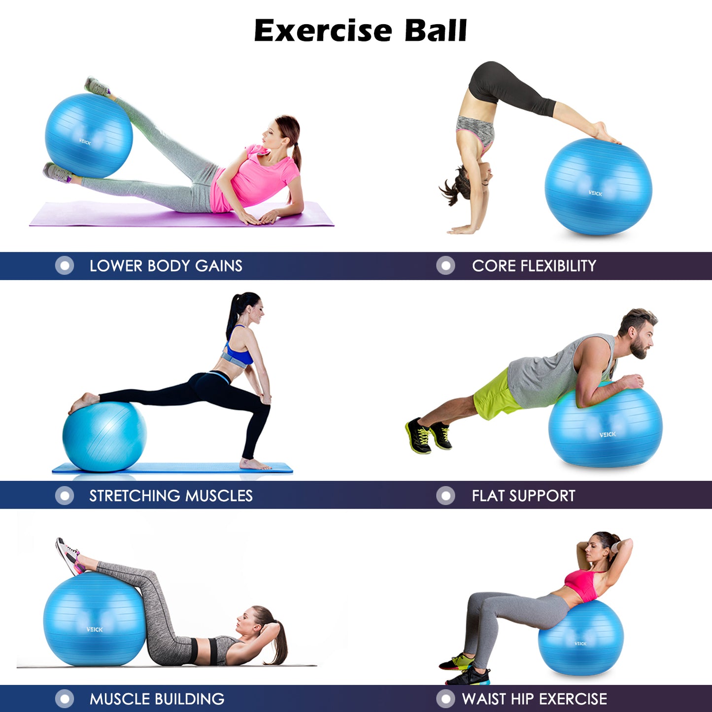 VEICK Diameter PVC Fitness Balls Yoga Ball Thickened Explosion-proof Exercise Home Gym Pilates Equipment Balance Ball