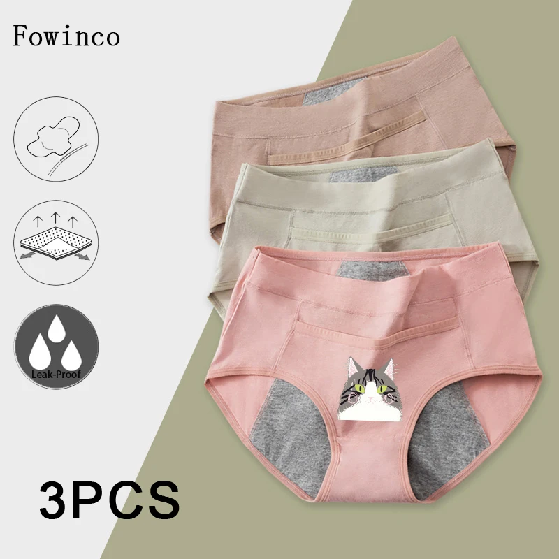 Fowinco 3PCS Cotton Menstrual Panties Leak Proof Breathable Cartoon cat Panties Woman Women Girls Physiological Pants Women's Underclothing