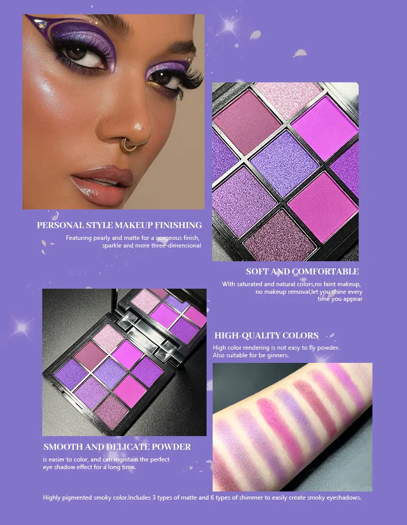 GLEAMORE Purple Eyeshadow Palette 9 Color Matte and Shimmering violet Eye Makeup for Creating Smoky or Natural Looks Cosmetic