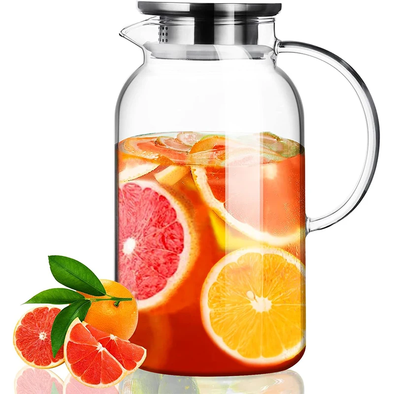 SOLIFEGOBLE 1.8L Glass Pitcher with Lid Vertical Stripes Glass Water Pitcher Water Carafe for Fridge Borosilicate Water Jugs