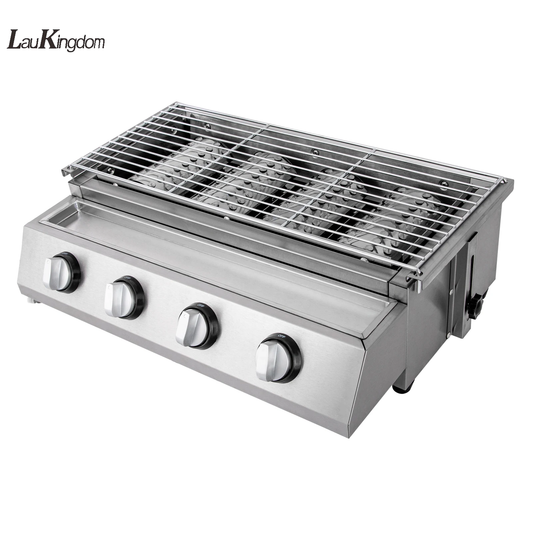Laukingdom Stainless Steel Smokeless Barbecue Grill 4 Burners LPG Gas Grill Roaster Portable BBQ Grill Removable for Outdoor Patio Garden