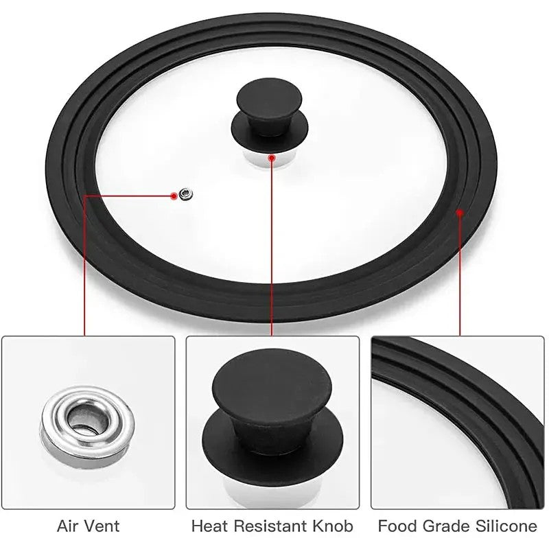 Kirishou Universal Lid for Pots Pans Cookware Tempered Glass Lid for Skillets with Silicone Rim Replacement Lids for Frying Pan Pot lid