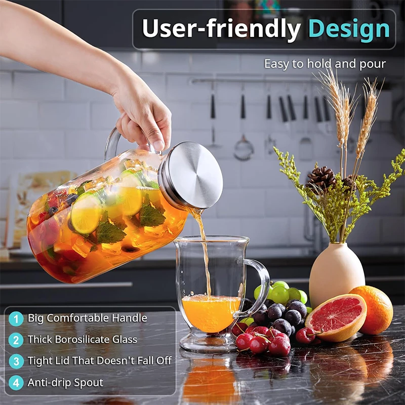 SOLIFEGOBLE 1.8L Glass Pitcher with Lid Vertical Stripes Glass Water Pitcher Water Carafe for Fridge Borosilicate Water Jugs