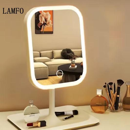 LAMFO New LED Modern Desktop Vanity Mirror Portable 3 Color Light Touch Control Makeup Mirror for Women Bedroom Dressing Daily Use
