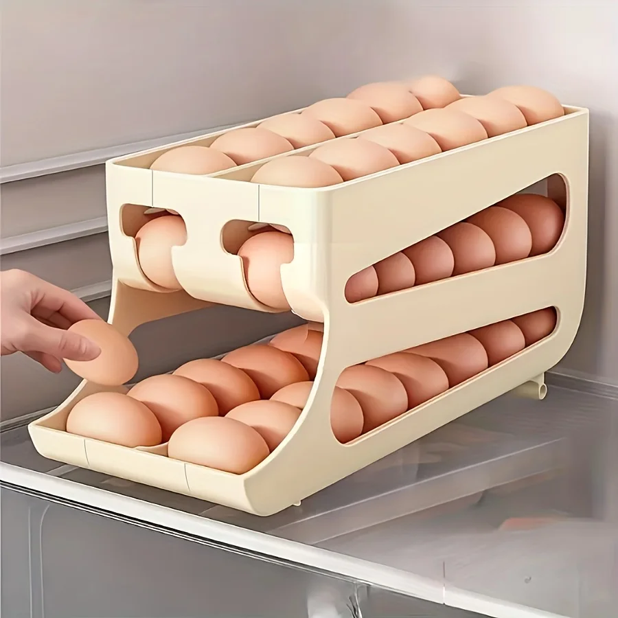 ZFPRIMELSQ 3-Tier Yellow Egg Organizer Holds 60 Eggs Auto-Roll Design Space-Saving