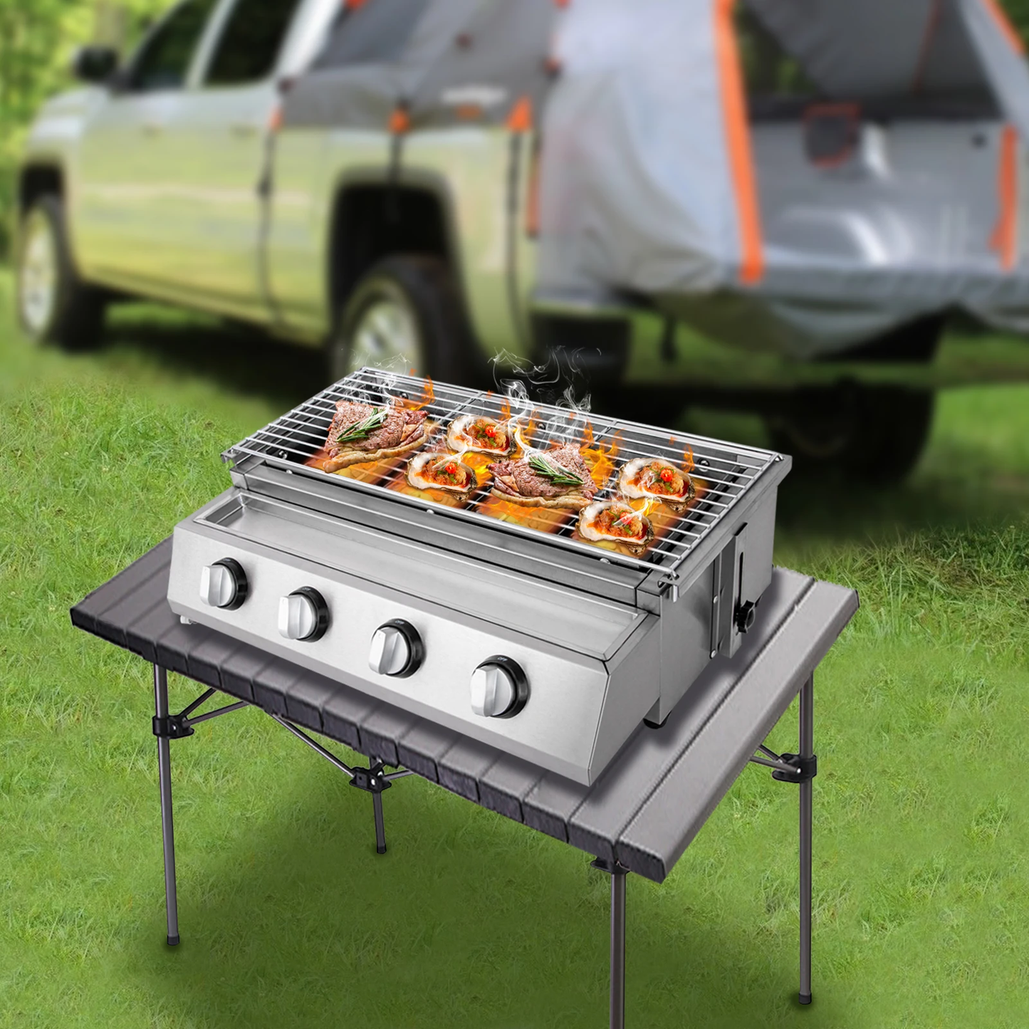 Laukingdom Stainless Steel Smokeless Barbecue Grill 4 Burners LPG Gas Grill Roaster Portable BBQ Grill Removable for Outdoor Patio Garden