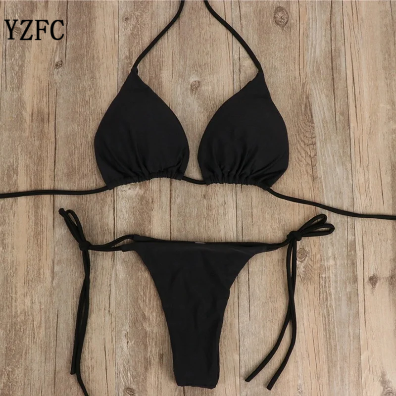 YZFC Women Thong Bikini Set Side Lace-up Sexy Swimsuit Neck Tie Swimwear Adjustable Brazilian Style Bikini