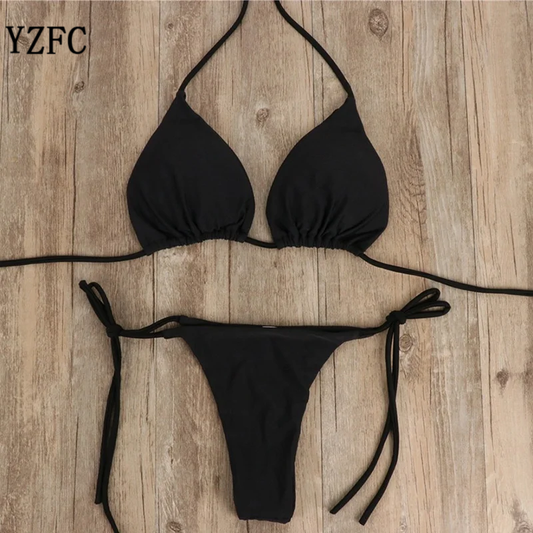 YZFC Women Thong Bikini Set Side Lace-up Sexy Swimsuit Neck Tie Swimwear Adjustable Brazilian Style Bikini