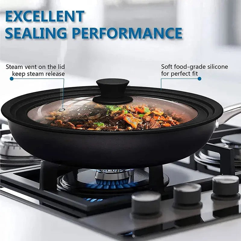 Kirishou Universal Lid for Pots Pans Cookware Tempered Glass Lid for Skillets with Silicone Rim Replacement Lids for Frying Pan Pot lid