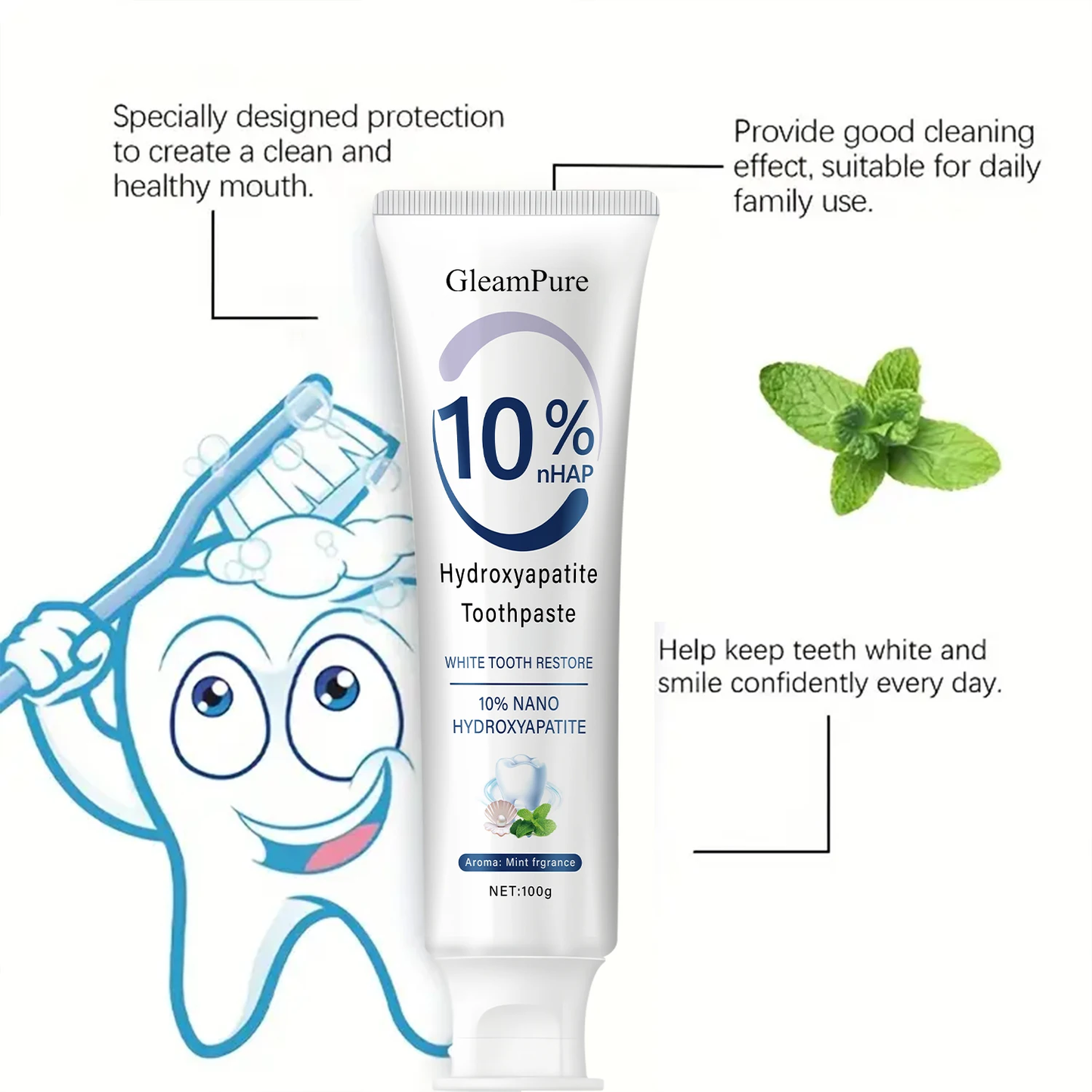 GleamPure 10% Nano Hydroxyapatite Toothpaste Restores White Teeth Protects Gums Deep Cleans Brightens Smile 100g Fresh Mint