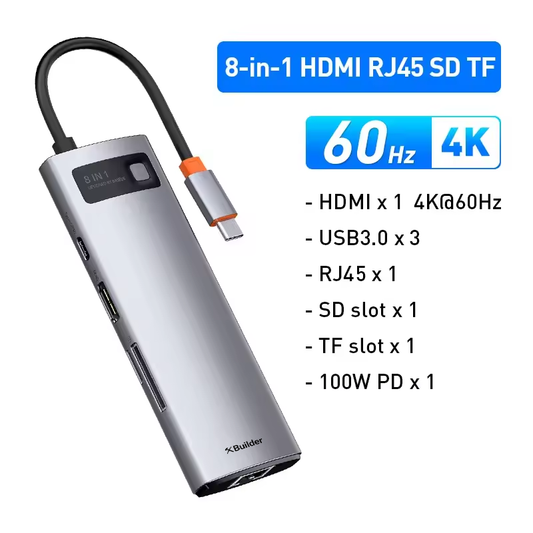 XBuilder 4K 60Hz USB C Hub Type C to Ethernet Port PD 100W Adapter for USB 3.0 Hub Laptop Tablet Accessories