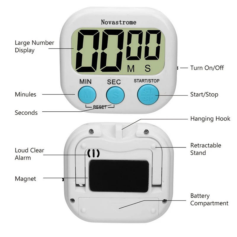 Novastrome LED Counter Display Alarm Clock Manual Electronic Countdown Sports Magnetic Digital Timer Kitchen Cooking Shower Study Stopwatch Electronic timers
