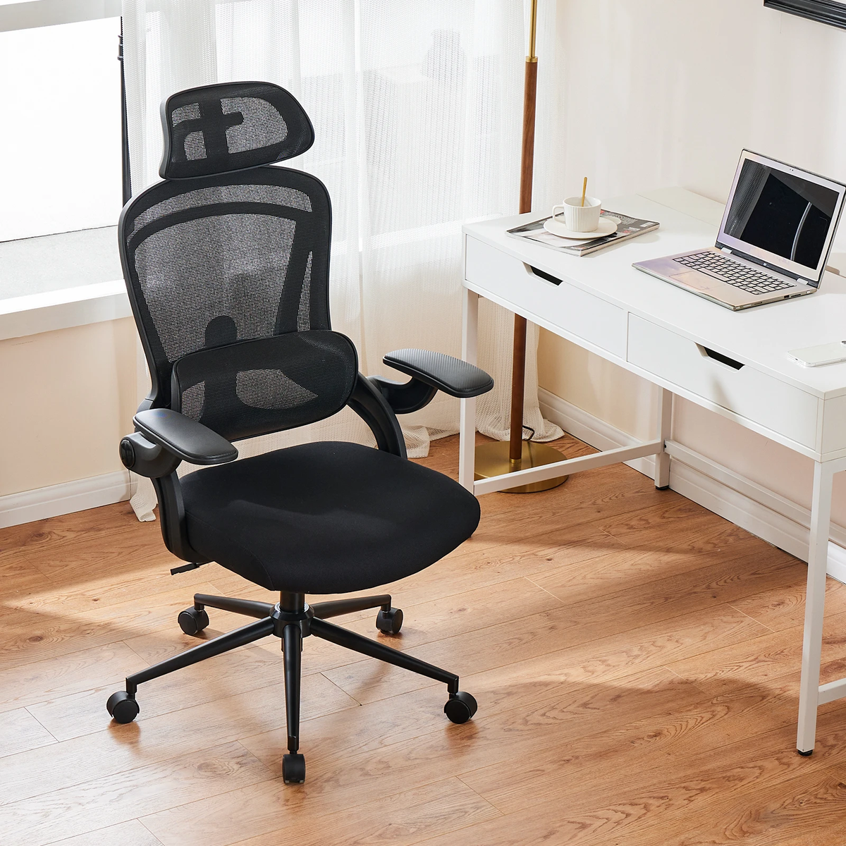 Laukingdom Ergonomic Mesh Adjustable Lumbar Support Office Chair 120°Tilt High Back Comfortable Computer Chair with Soft Flip Up Arms