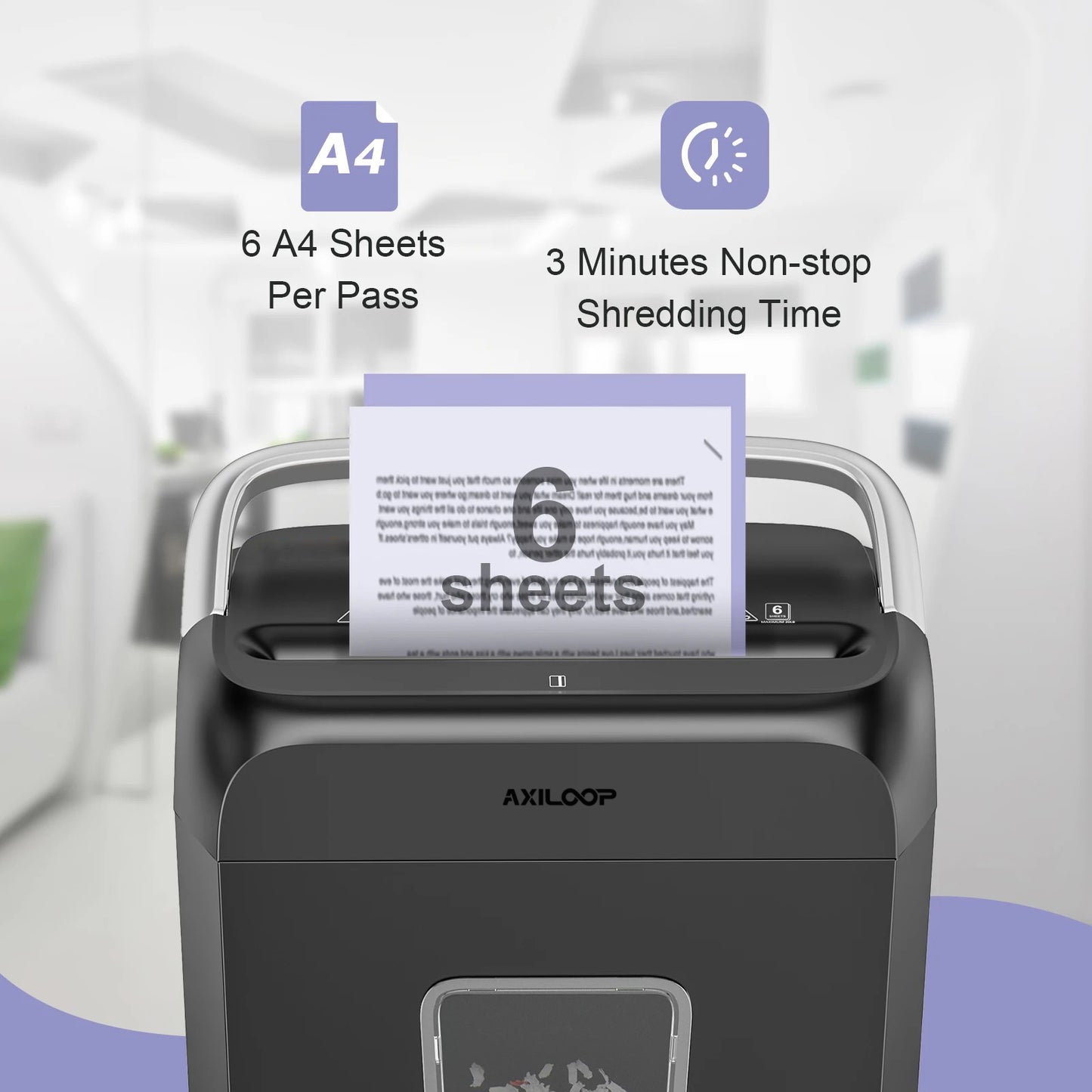 AXILOOP 6-Sheet Cross Cut Paper Shredder Home Office Use with Handle for Document,Mail,Staple,Clip-3.4 Gal Wastebasket