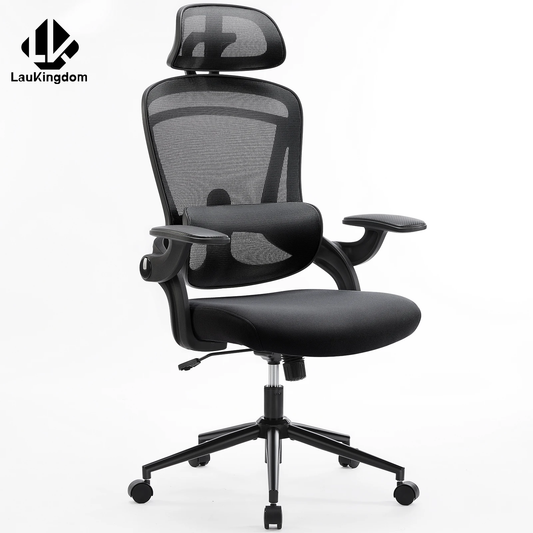Laukingdom Ergonomic Mesh Adjustable Lumbar Support Office Chair 120°Tilt High Back Comfortable Computer Chair with Soft Flip Up Arms