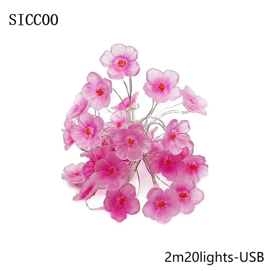 SICCOO 2M 20LEDS Cherry Blossom Fairy String Lights Pink Flower String Lamps For Outdoor Christmas Garland Decoration