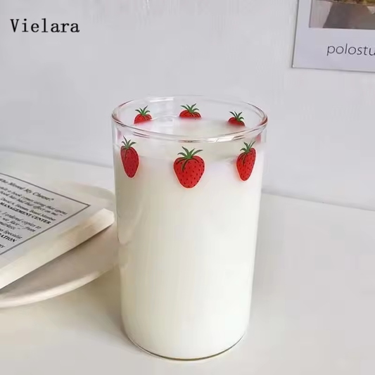 Vielara 300 ML Cute Strawberry Water Milk Drinking Glasses Cup Upgrade Thickened Version Gift