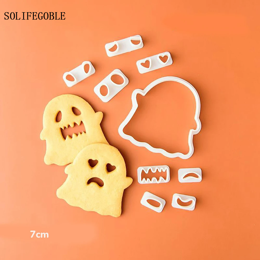 SOLIFEGOBLE Cartoon Halloween Cute Expression Swap Cookie Cutters Pressable Biscuit Mold DIY Kitchen Baking Pastry Bakeware
