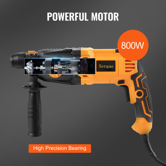Sergao 800W Rotary Hammer Max Drilling 26mm 4Modes SDS-Plus Corded Chipping Concrete Breaker Electric Drills Hand-Held