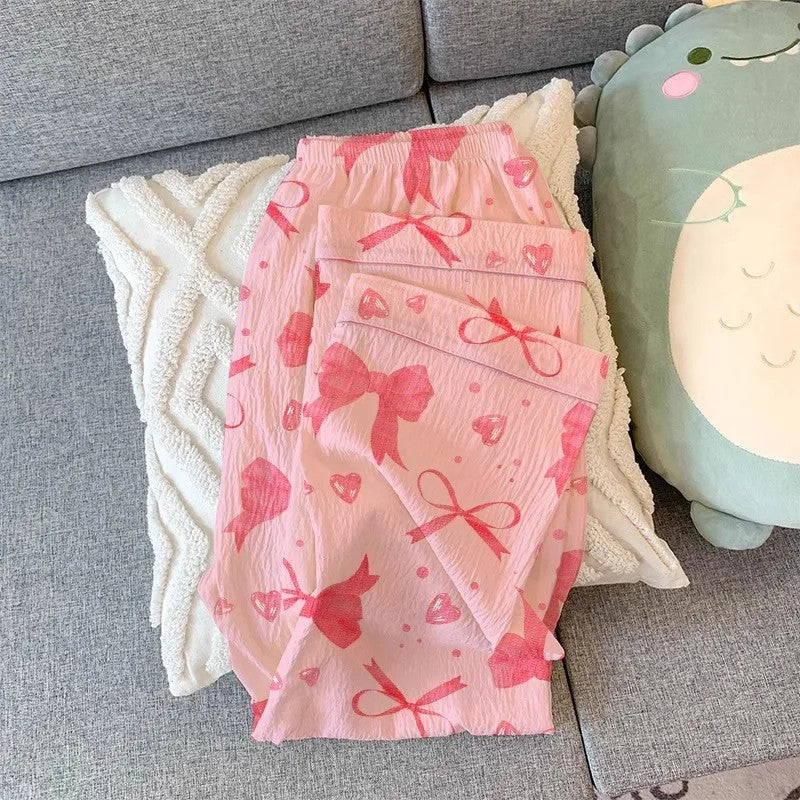 Kang Nicer Women's Pajamas Set Bow Print Sleepwear Button Down Tops Long Pajama 2 Piece Suit Pyjama Femme Nightwear