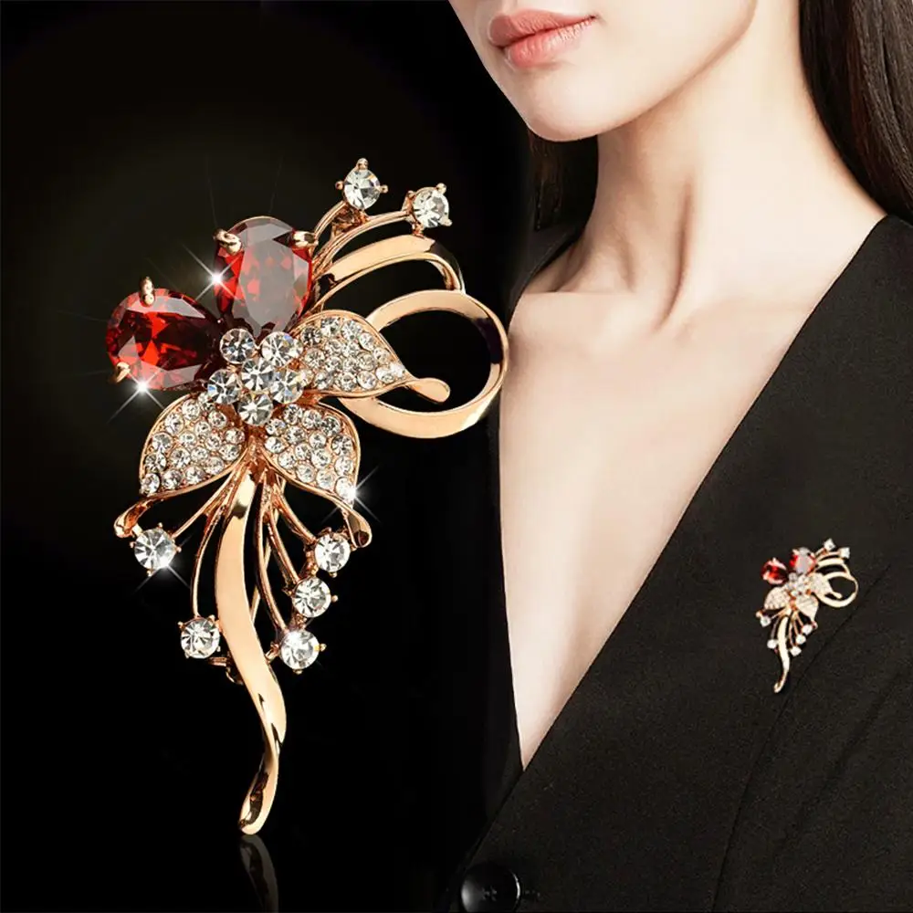 VAMO Fashion Red Crystal Flower Brooches For Women Rhinestone Lapel Pins Clothing Wedding Party Jewelry Gifts Jewelry brooches