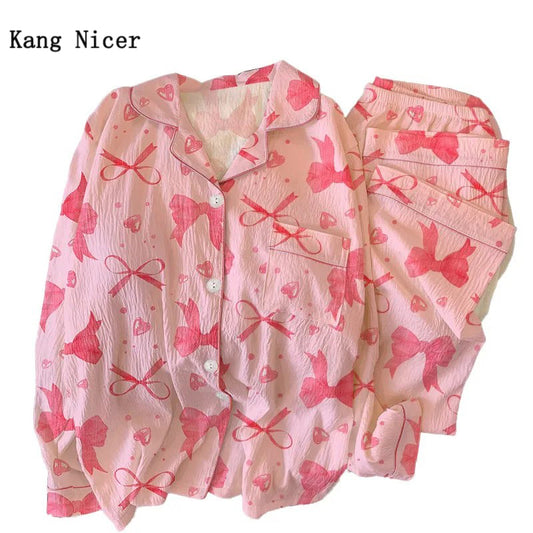 Kang Nicer Women's Pajamas Set Bow Print Sleepwear Button Down Tops Long Pajama 2 Piece Suit Pyjama Femme Nightwear
