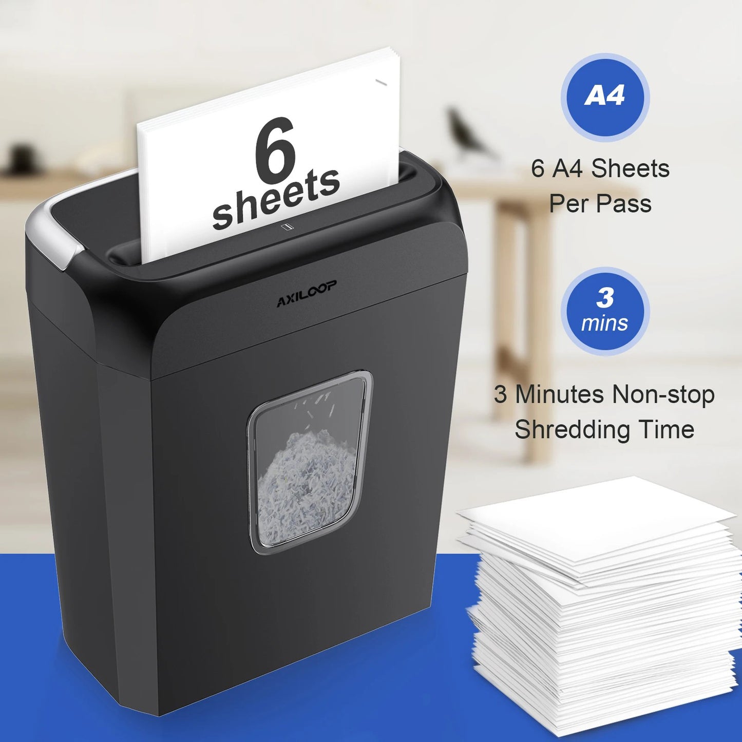 AXILOOP 6-Sheet Cross Cut Paper Shredder Home Office Use with Handle for Document,Mail,Staple,Clip-3.4 Gal Wastebasket