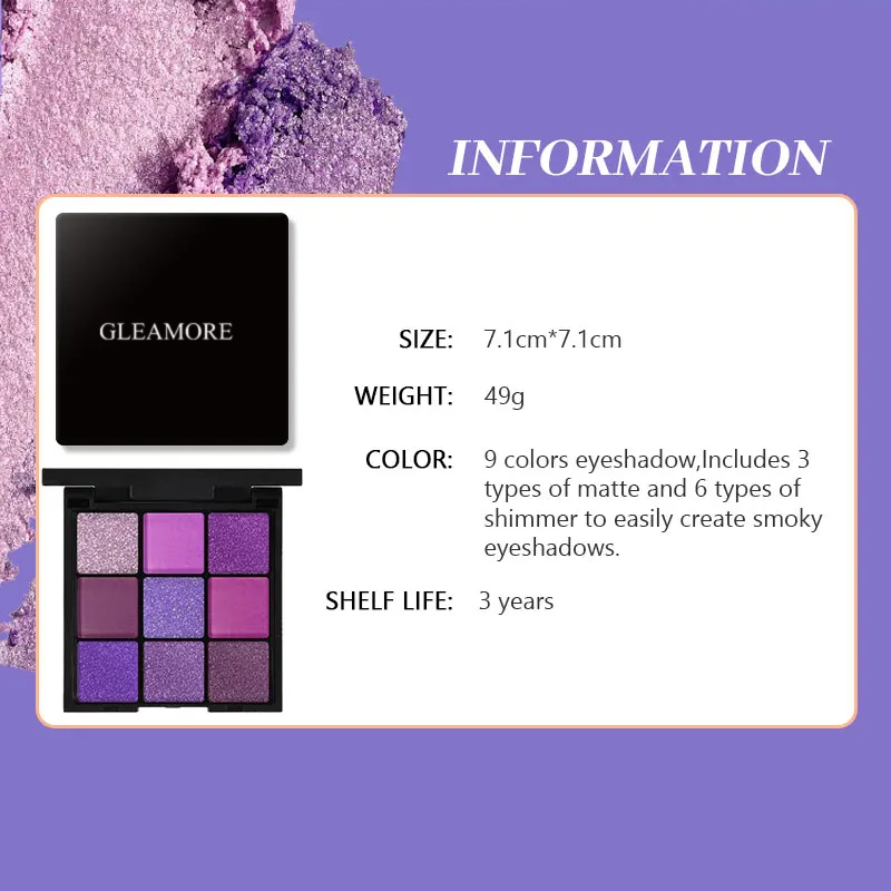 GLEAMORE Purple Eyeshadow Palette 9 Color Matte and Shimmering violet Eye Makeup for Creating Smoky or Natural Looks Cosmetic