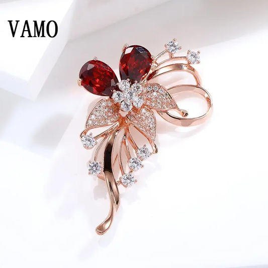 VAMO Fashion Red Crystal Flower Brooches For Women Rhinestone Lapel Pins Clothing Wedding Party Jewelry Gifts Jewelry brooches