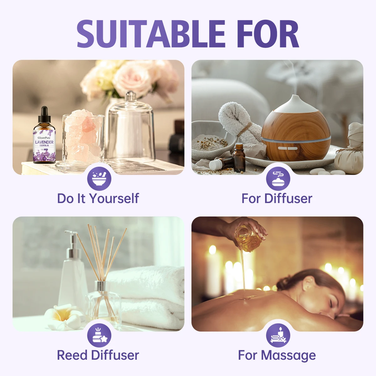 GleamPure 100ml Lavender essential oil humidifier aroma diffuser multifunctional essential oil multi-purpose moisturizing